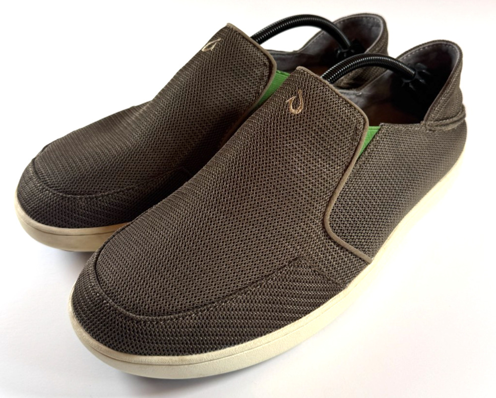 OluKai Nohea Mesh Slip On Shoes Mens 12 Mustang Brown Lime Comfort Loafers EU45